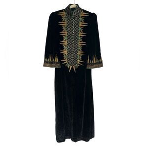 Rare Vintage Nina Morris London Black Velvet Painted Maxi Dress w/ Skull Buttons